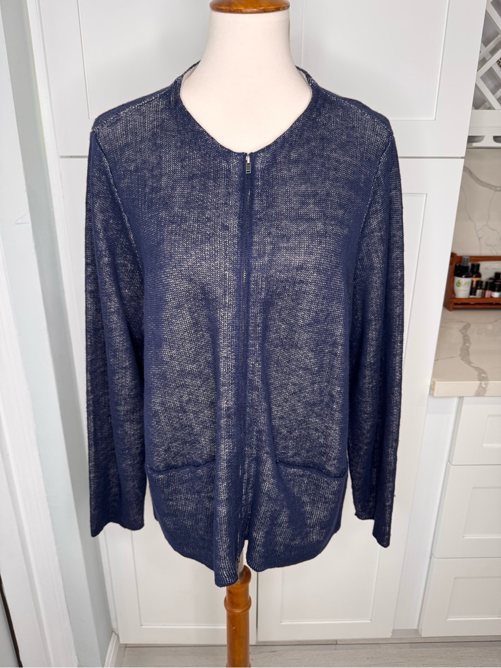 Eileen Fisher Blue Organic Linen Full Zip Cardigan Sweater Women’s Size 2X